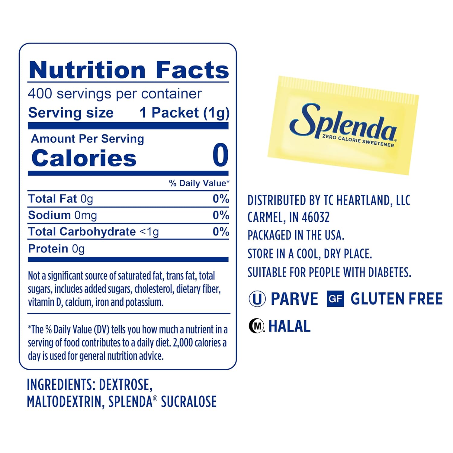 splenda zero calorie sweetener packets, 400 count, sugar free, made in usa, zero carb