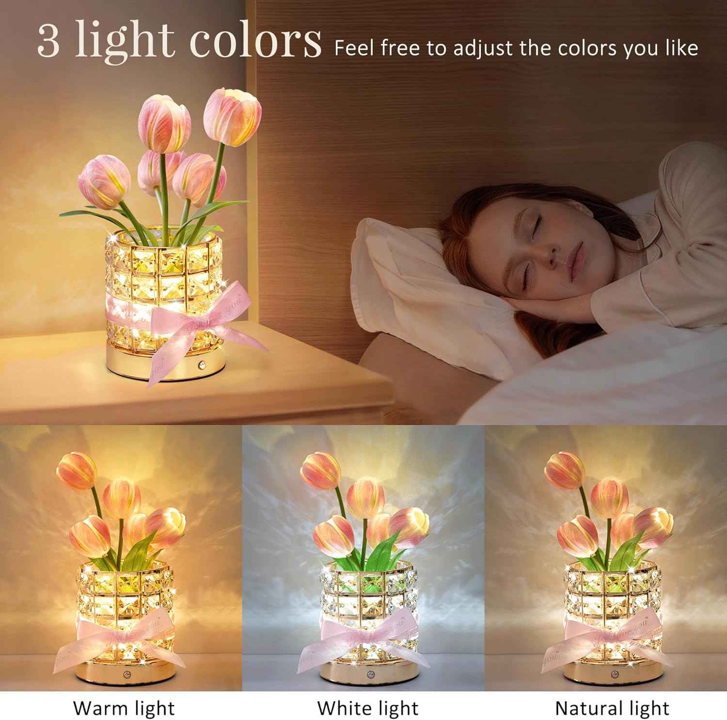 Tulip Flower Lamp, Valentine’s Day Gifts for Women, Romantic Home Decor Flower Gift for Girlfriend Wife, Rechargeable Cordless Touch Table Lamp, 3 Color Infinitely Dimming Night Light