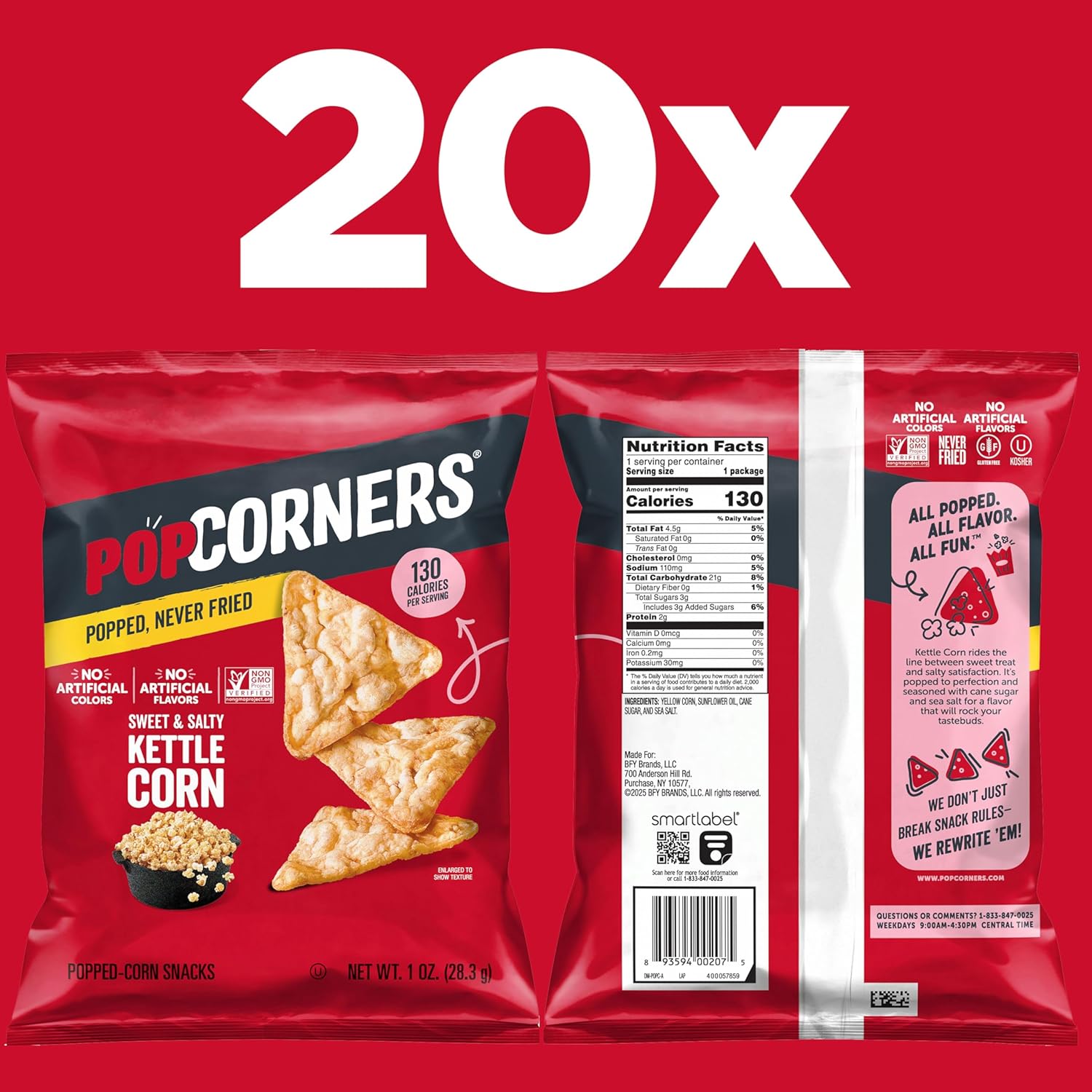 popcorners popped corn snacks sweet & salty kettle corn 1 ounce pack of 20