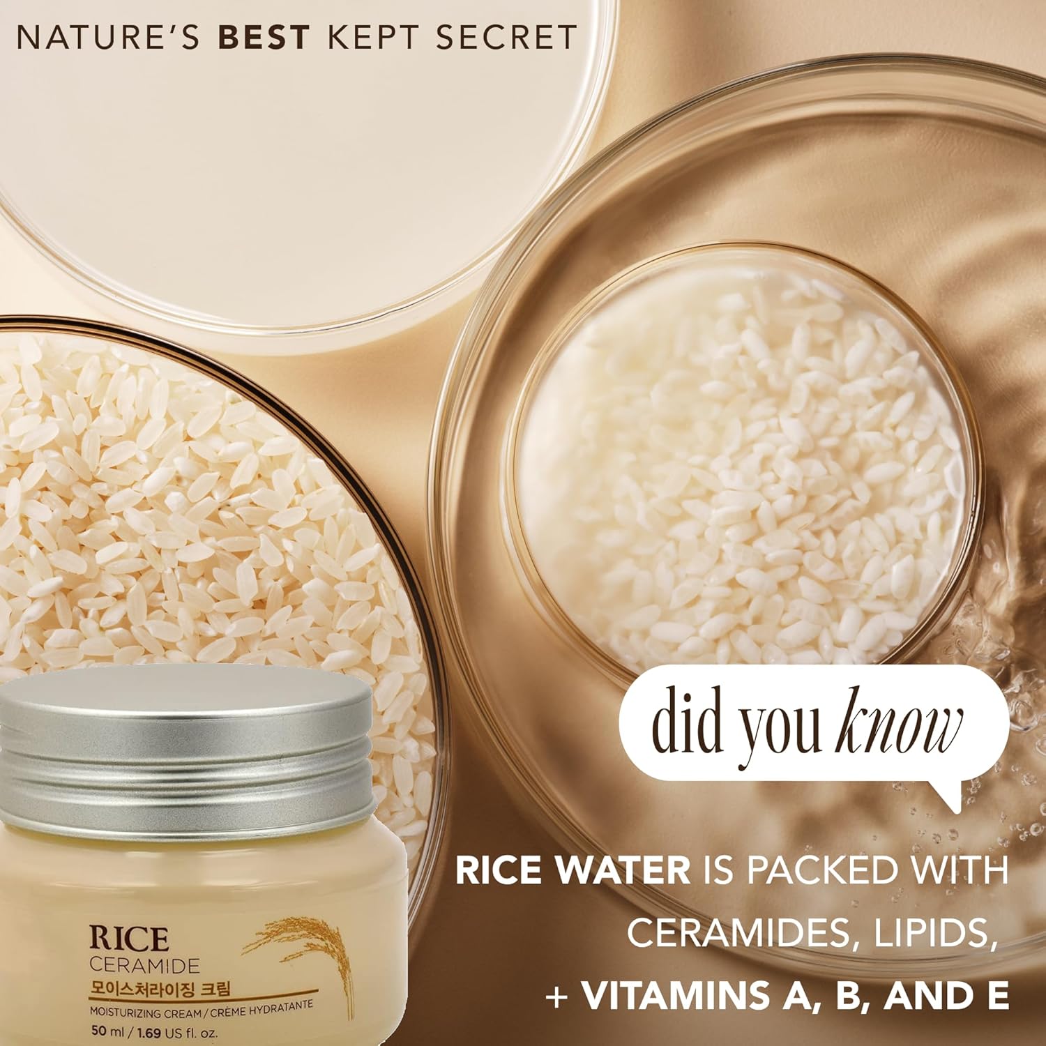 the face shop rice ceramide cream, hydrating face moisturizer for dry and combination skin, 1.69 fl oz