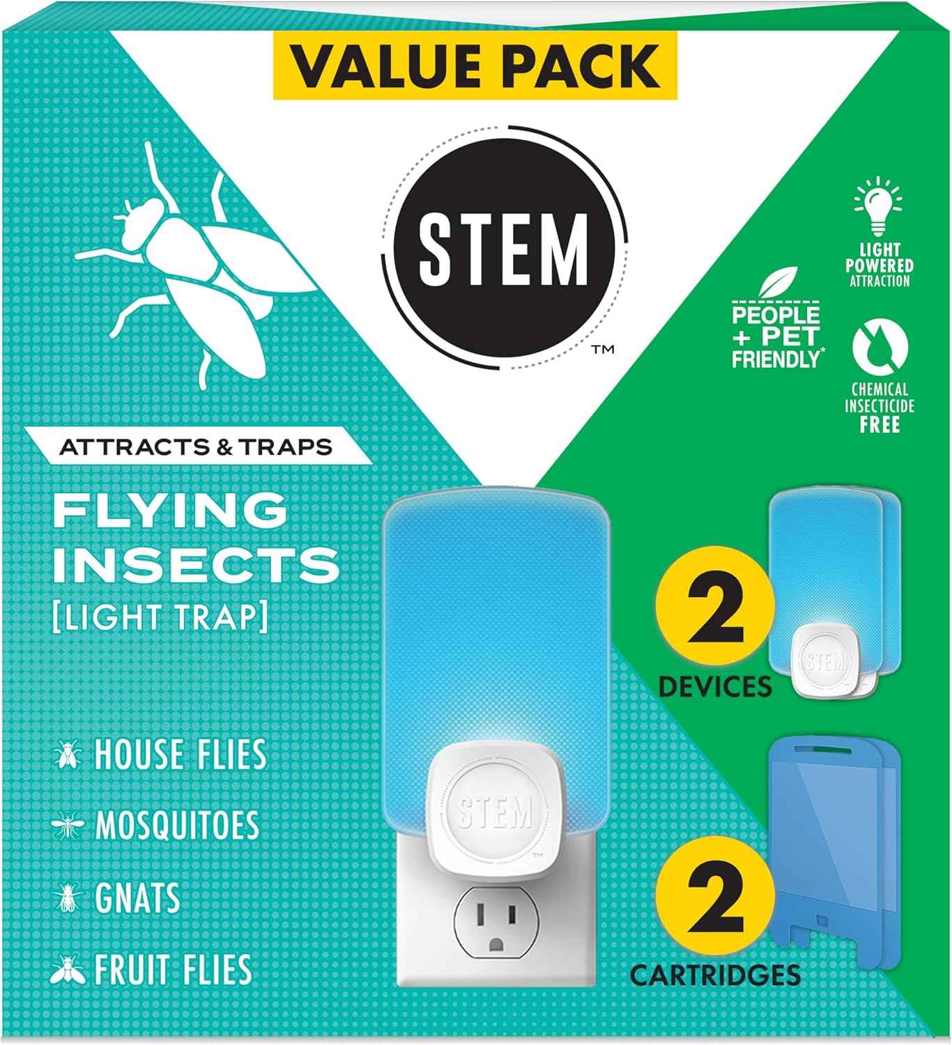 STEM Insect Trap - Indoor Fruit Fly & Gnat Pest Control for House, Home and Kitchen, Attracts & Traps Flying Bugs, Soft Blue Light - Includes 1 Plug-in Device & 3 Cartridges