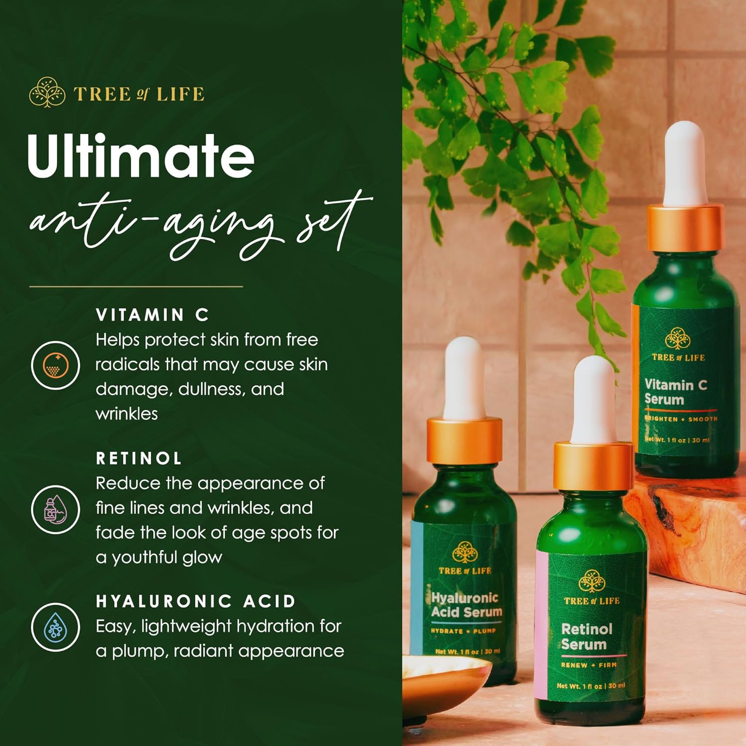 Tree of Life Beauty Facial Skin Care Set, 3 count, 1 fl oz each, Vitamin C, Retinol, Hyaluronic Acid, for dry and sensitive skin