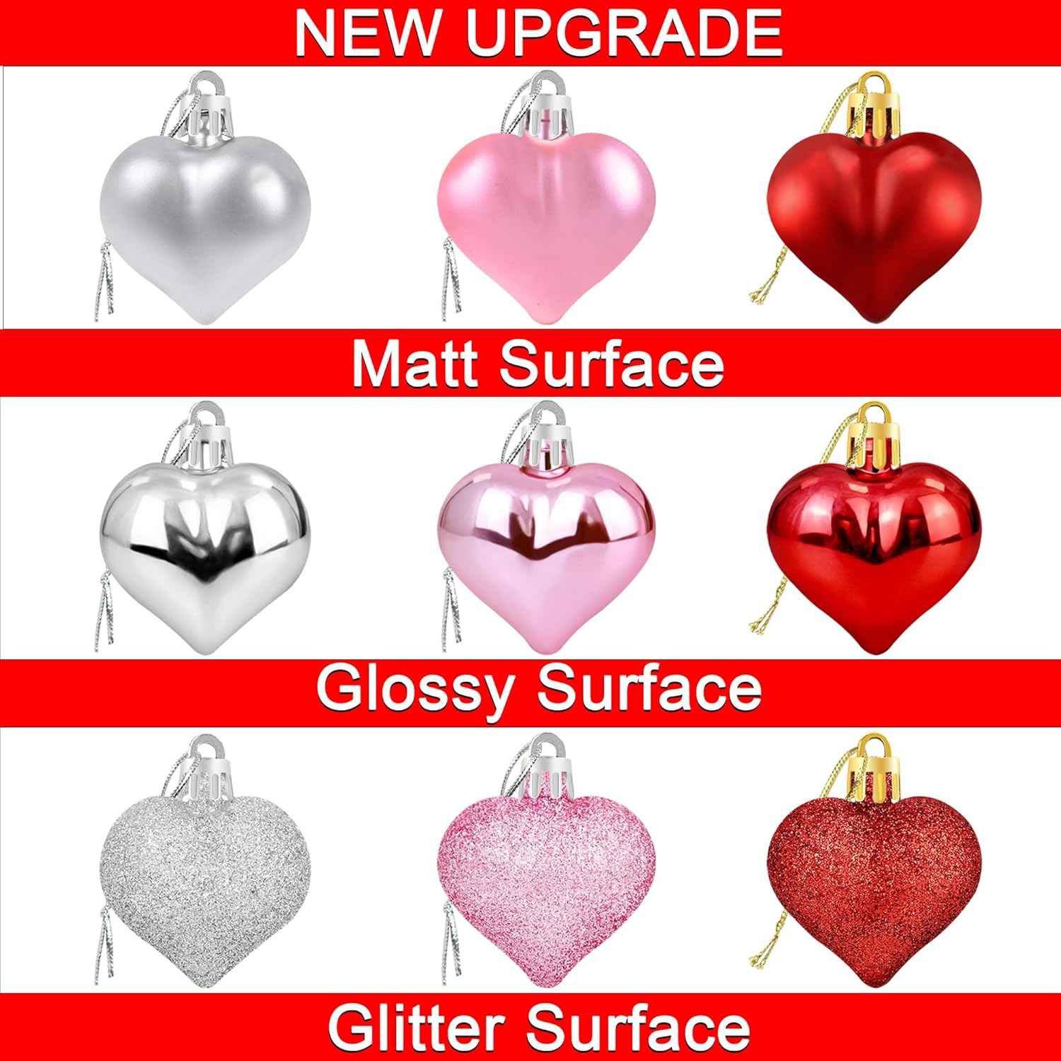 36Pcs Valentines Heart Shaped Ornaments - Valentines Heart Decorations - Red Pink Silver Glitter Heart Shaped Baubles - Romantic Christmas Valentines Tree Hanging Decorations