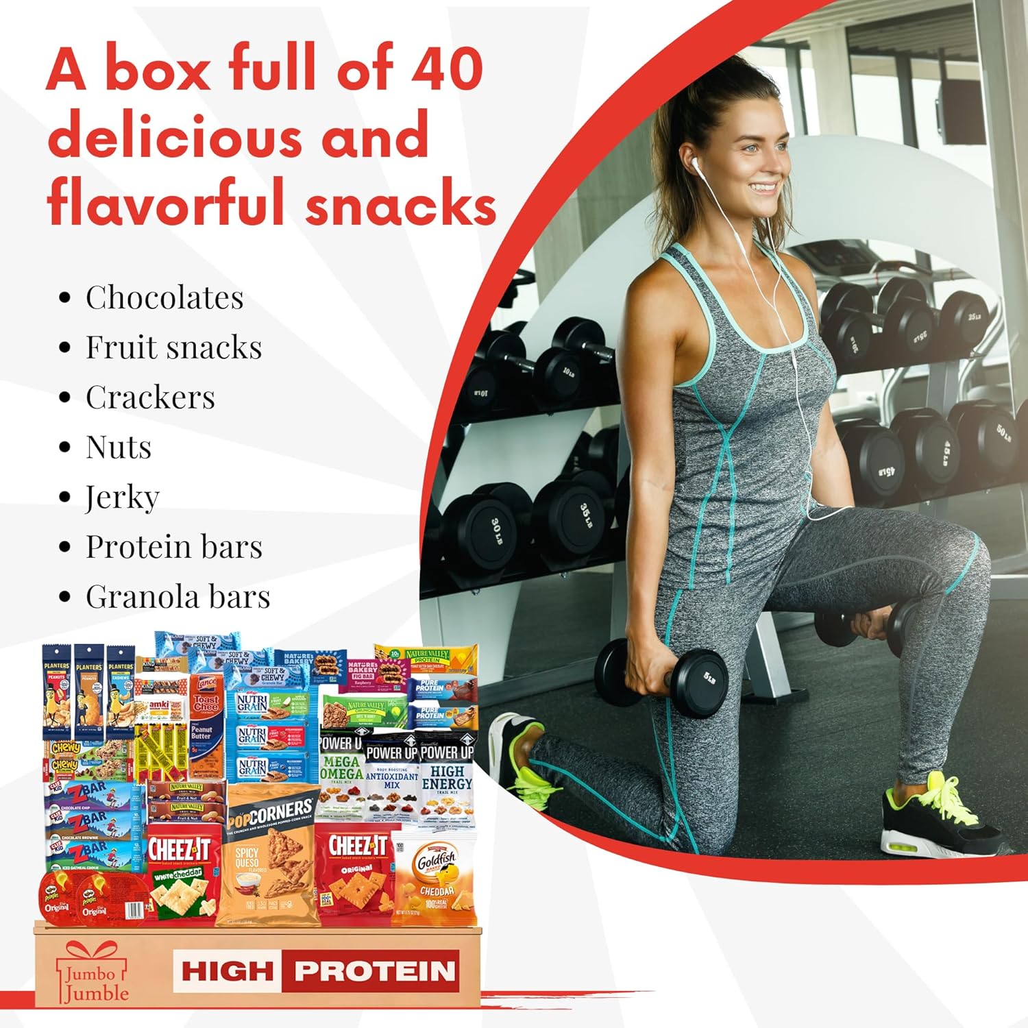 Jumbo Jumble 40-count protein snack gift box variety pack for adults, teens, kids, college, office, birthday