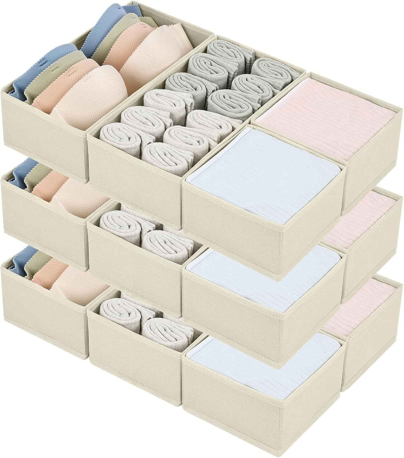 DIMJ Drawer Organizers Clothes, Set of 4 Dresser Organizer Bins, Fabric Closet Organizers and Storage, Shallow Drawer Dividers for Nursery, Clothing, Baby Clothes, Socks, Underwears, Tie (Beige)
