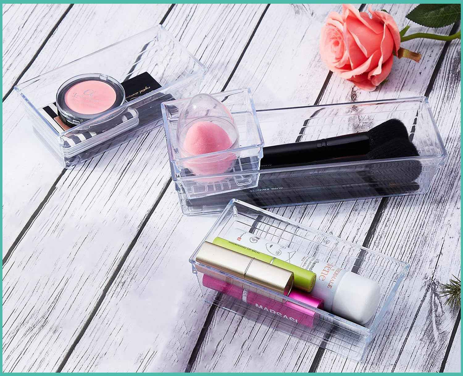 DCA 6 Pack Clear Drawer Organizer, Acrylic Drawer Storage Trays, Storage Bins for Makeup, Cosmetics, Jewelries, Utensils, Gadgets, Office