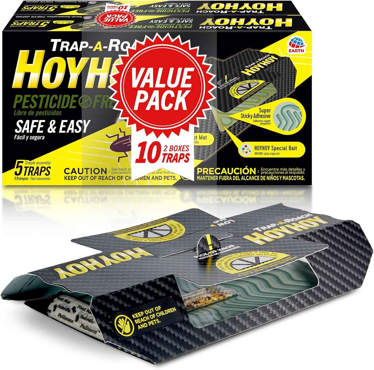HOY HOY Trap A Roach - 10 Traps [2 Pack] Baited Glue Traps, Great for Home with Kids & Pets Indoor, Sticky Pest Control Trap, Roach Killer, Made in Japan