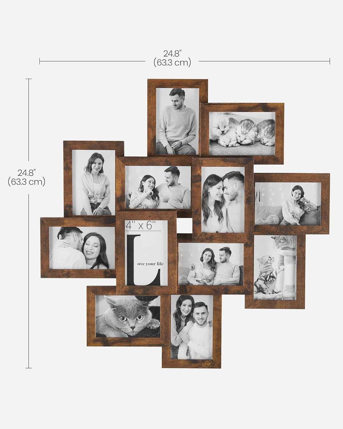 SONGMICS 4x6 Collage Picture Frames, 12-Pack Photo Collage Frame for Wall Decor, Glass Front, Assembly Required, Christmas Gift, Rustic Brown URPF022X01