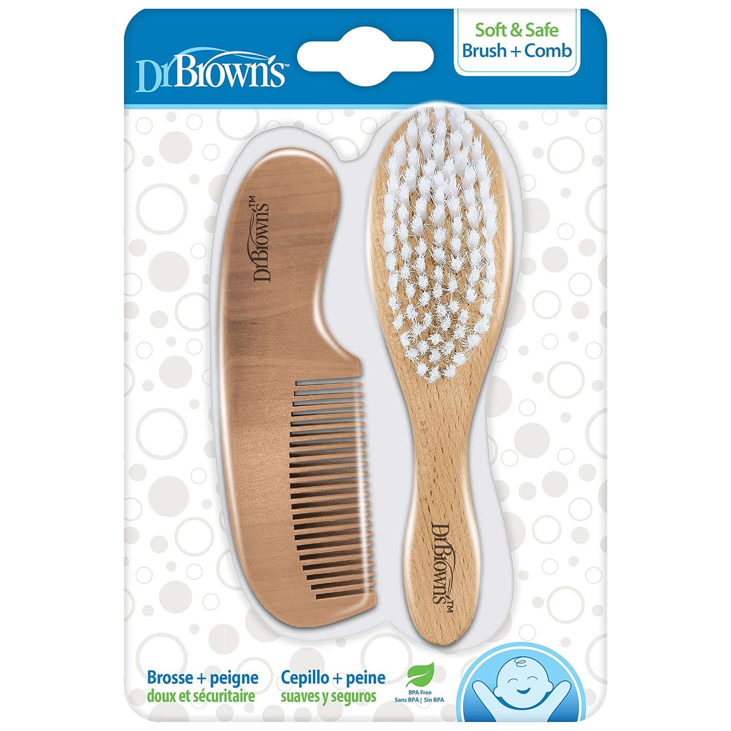 Dr. Brown's Soft and Safe Baby Brush + Comb for gentle hair care and cradle cap prevention, soft bristles, durable wood