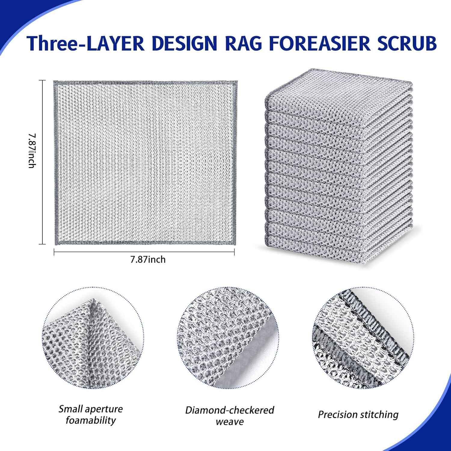 12 PCS 3-Layer Non-Scratch Multipurpose Steel Wire Dishcloths - Reusable Quick-Dry Odor-Free Scrub Cloths for Dishes, Kitchen Cleaning Cloths for Cookware, Sinks, Stove Tops(7.87X7.87)