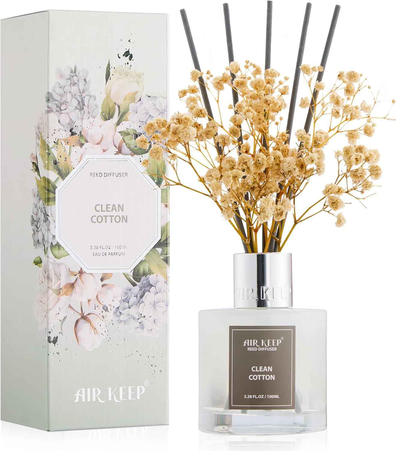 Airkeep Reed Diffuser Set,3.38 fl oz (100 ml) - Clean Linen Oil Diffusers with 8 Reed Sticks,Home Fragrance Reed Diffuser for Bathroom Shelf Decor