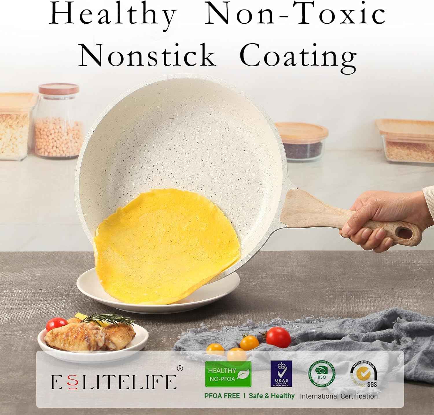 ESLITE LIFE Nonstick Ceramic Frying Pan Skillet, Non-Toxic Egg Omelette Kitchen Cooking Pans Compatible with All Stovetops (Gas, Electric & Induction), PTFE & PFOA Free (White, 8'')