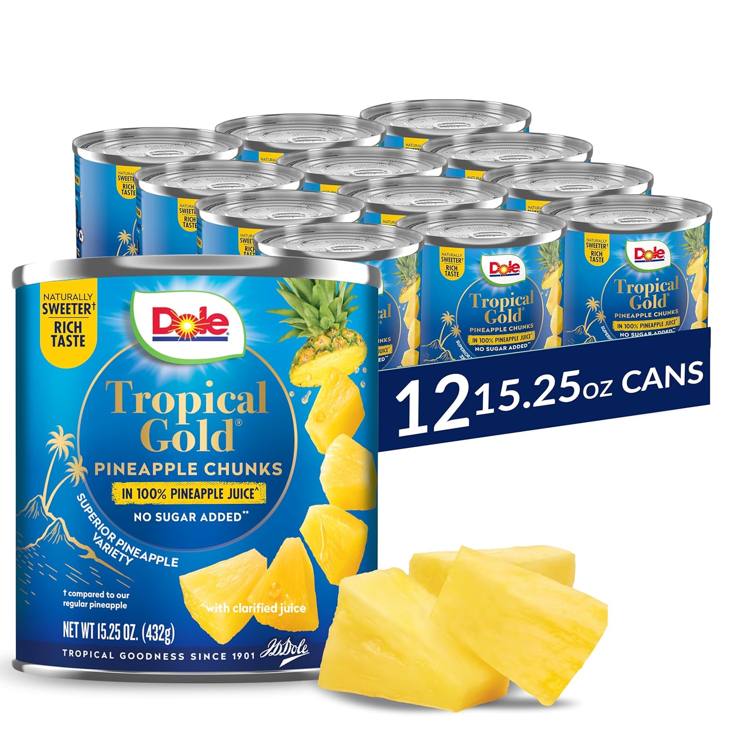 Dole Tropical Gold Pineapple Chunks in 100% Pineapple Juice, Gluten Free, 15.25 Oz, 12 Count