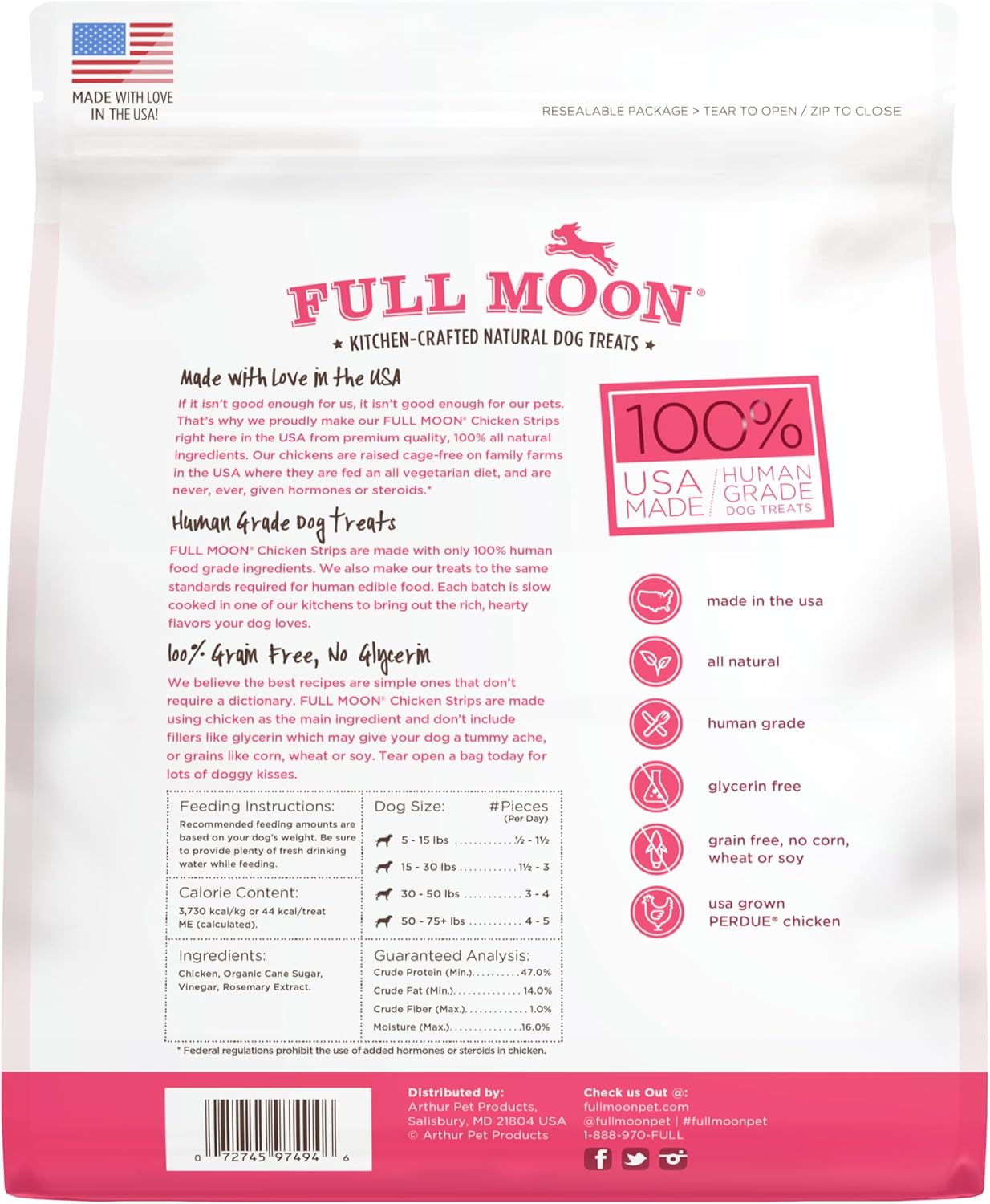 Full Moon Chicken Strips healthy all-natural dog treats, human grade, made in USA, 1.5 pound pack