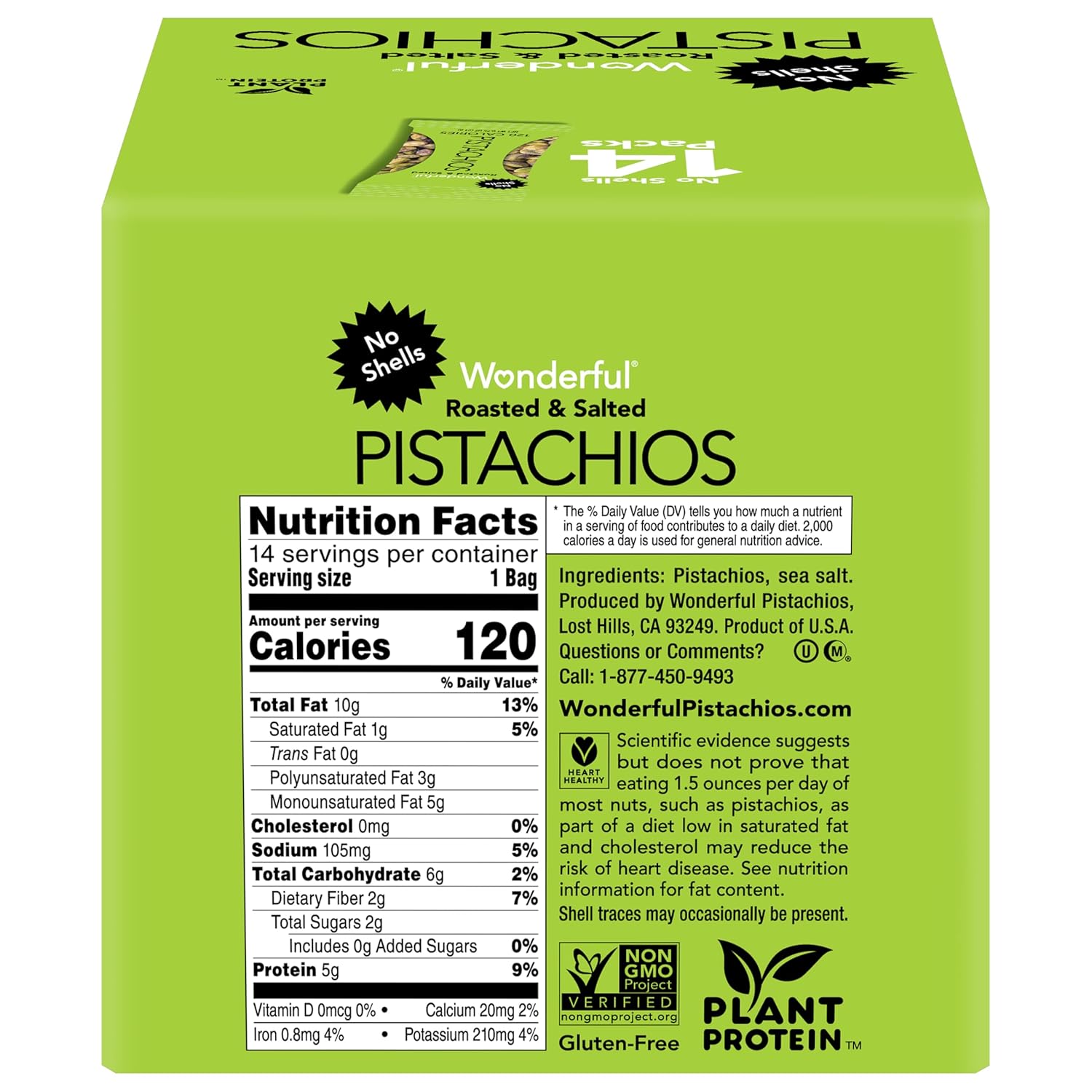 wonderful pistachios no shells roasted & salted nuts 0.75 ounce bag pack of 14 protein snacks