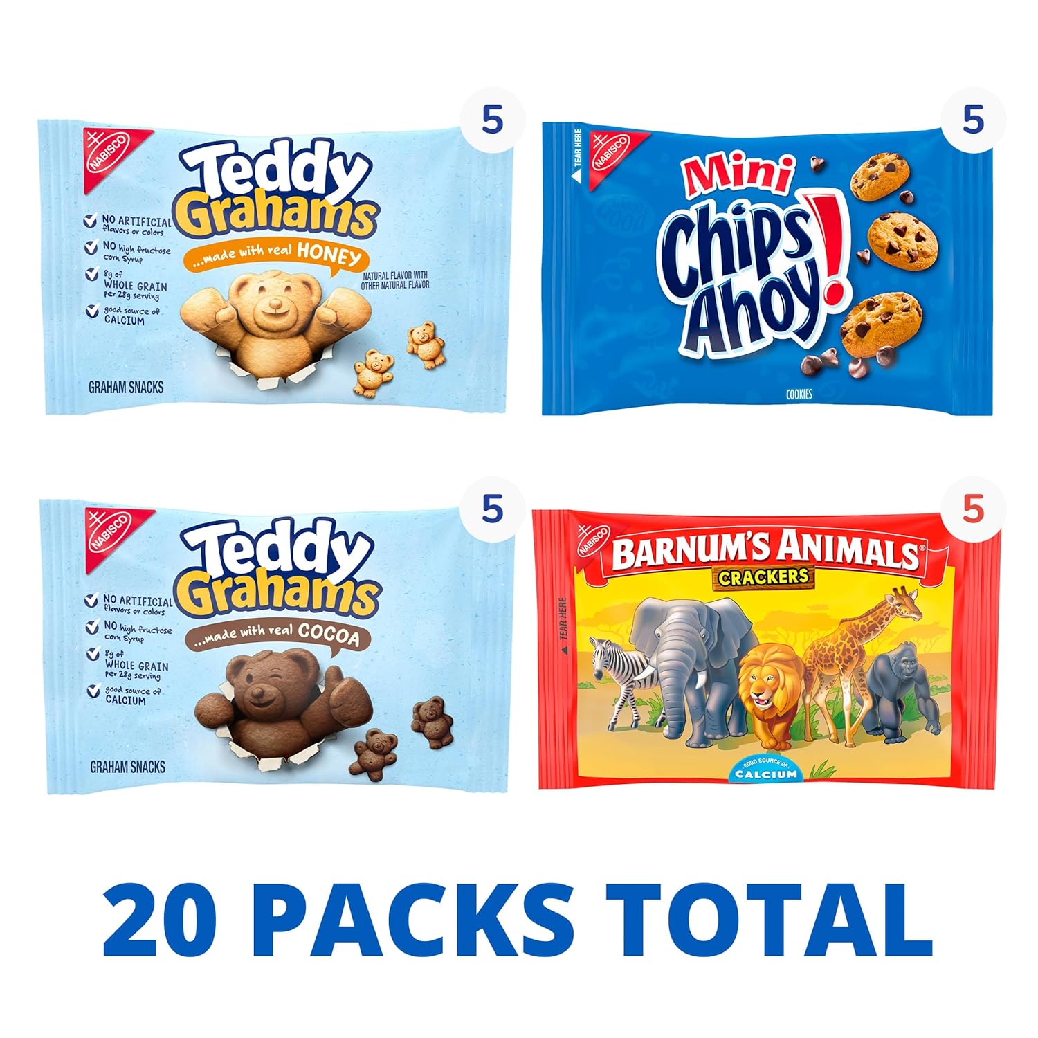 Nabisco Fun Shapes Variety Pack with Animal Crackers, Teddy Grahams and CHIPS AHOY! Cookies, 20 Snack Packs