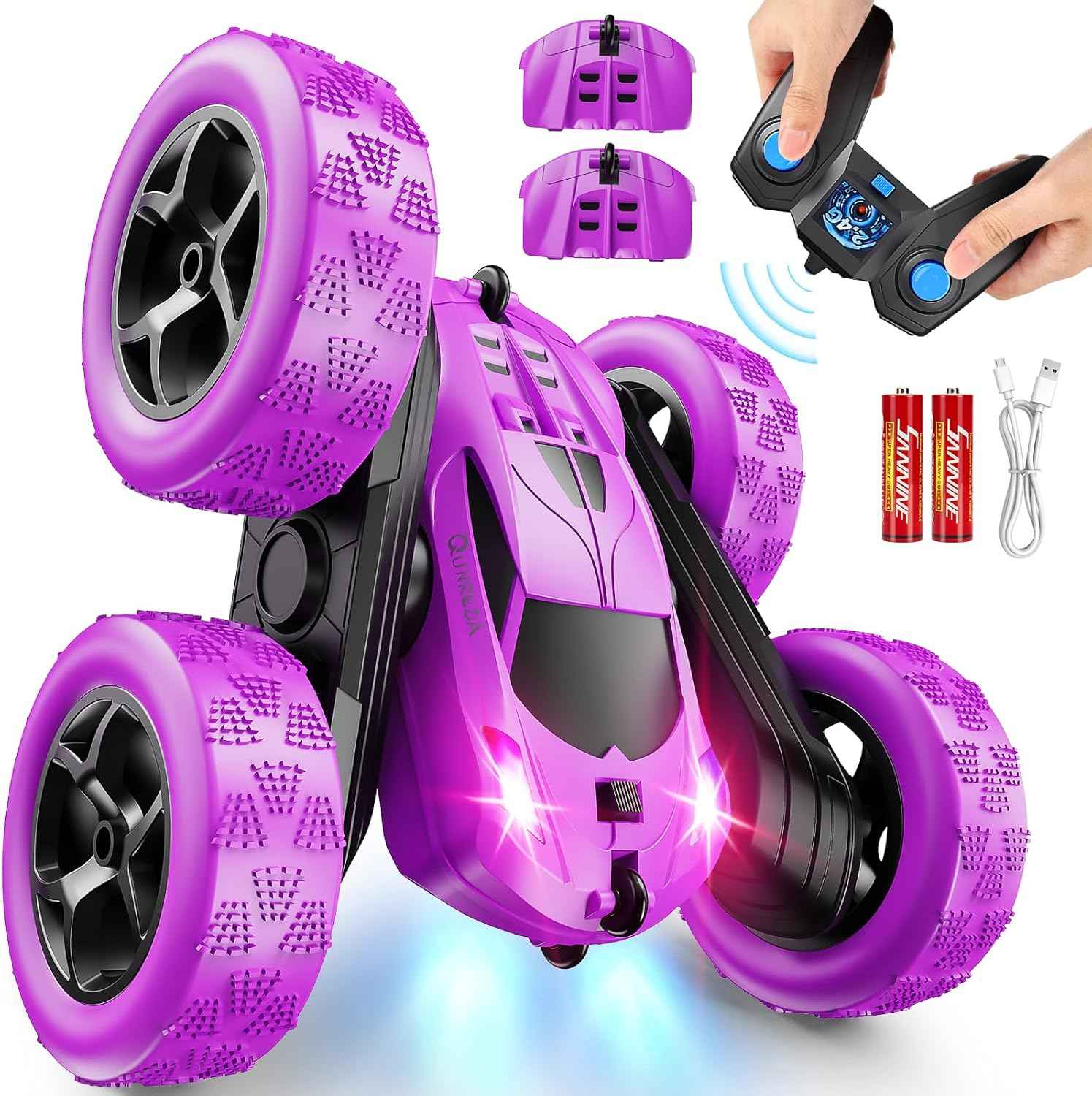 Remote Control Car, RC Cars Toys for Kids Ages 6-12, 4WD Stunt Car with LED Lights & 360° Flips, 2.4GHz, Upgraded USB-C Modular Batteries, 8-10 Year Old Boys Birthday Gift 1-Blue