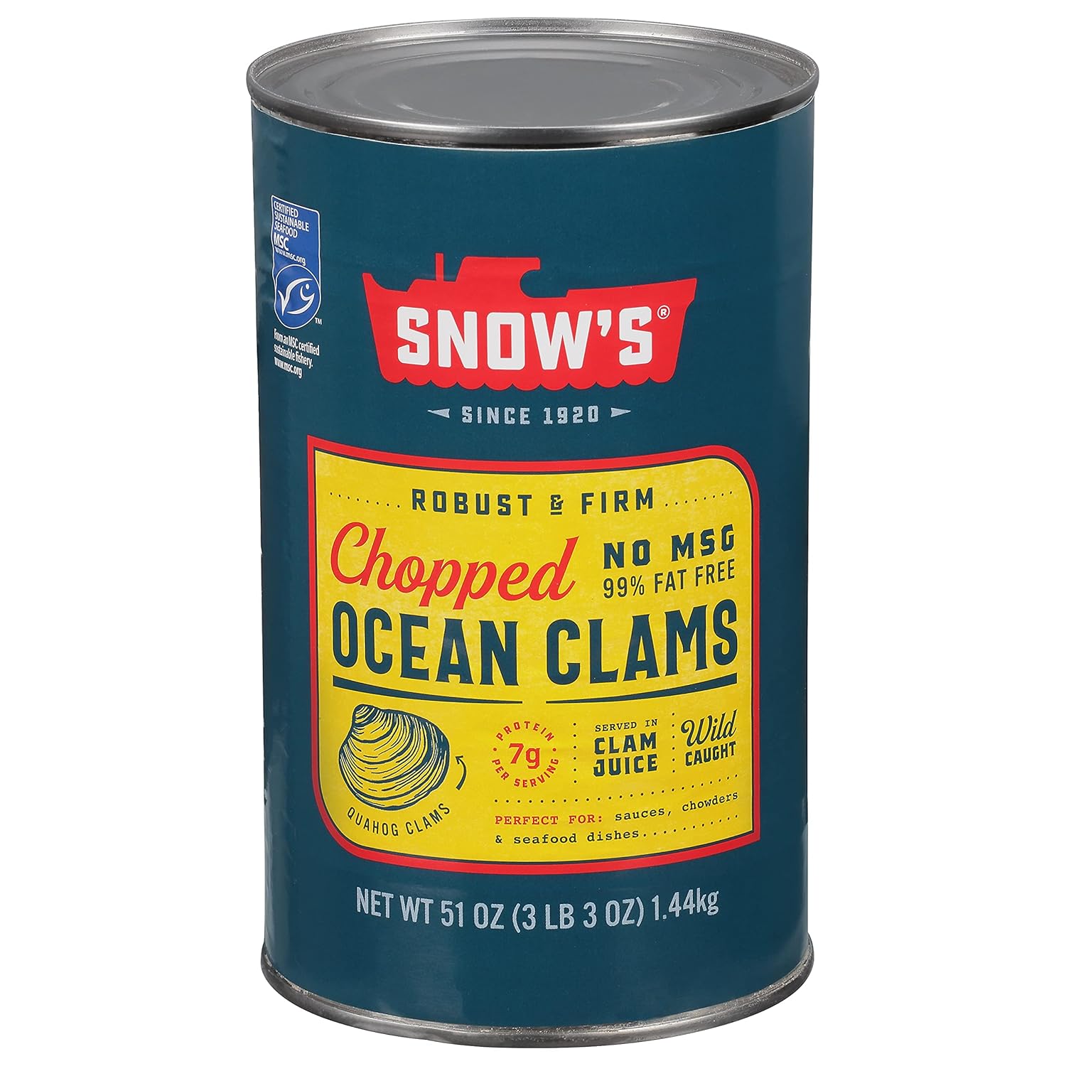 snow's ocean chopped clams can, 51 oz can, 7g protein, gluten free, no msg, 99% fat free, keto friendly