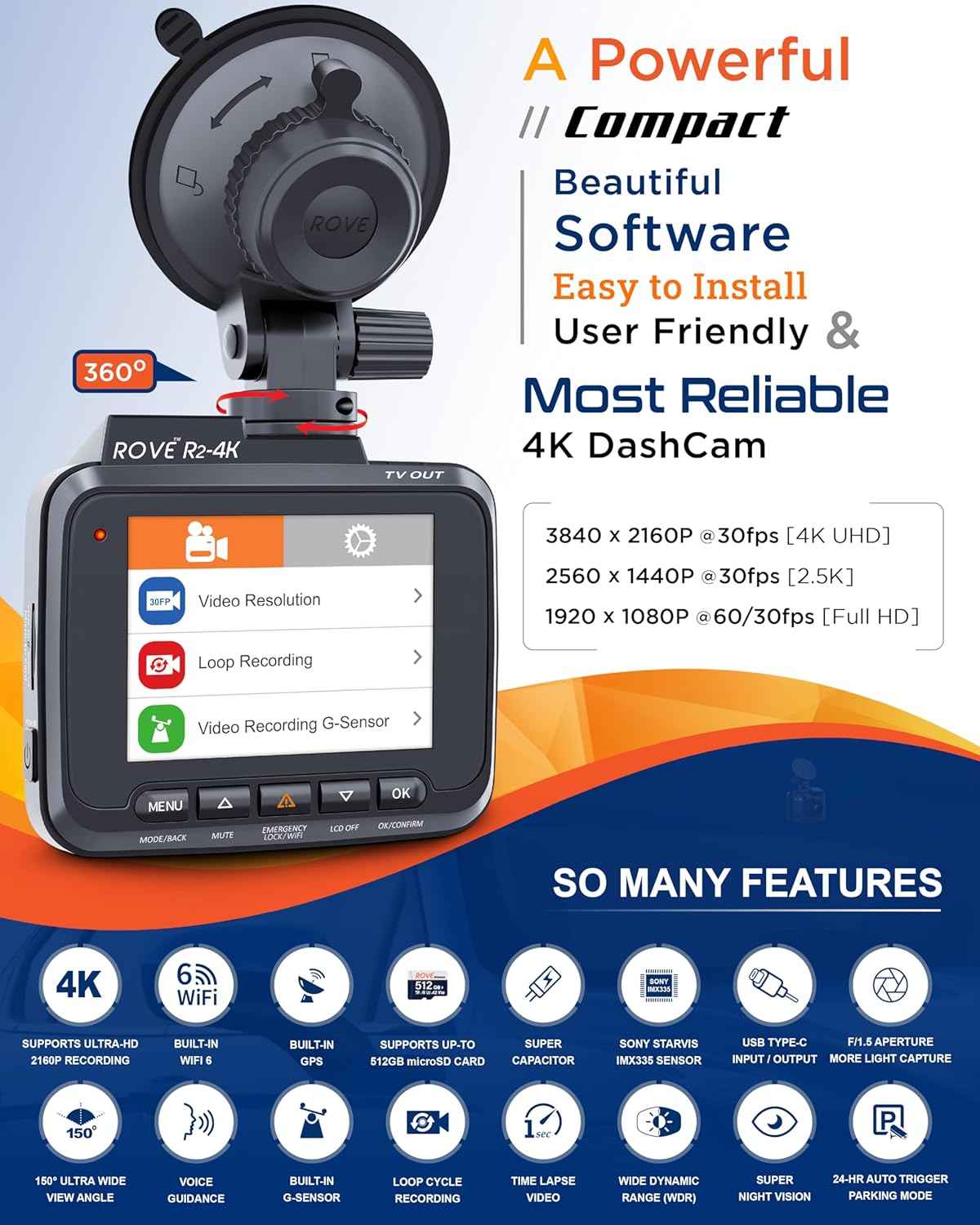 ROVE R2-4K Dash Cam Built-in WiFi 6 GPS Car Dashboard Camera Recorder with UHD 2160P, 2.4" IPS Screen, 150° Wide Angle, WDR, Night Vision