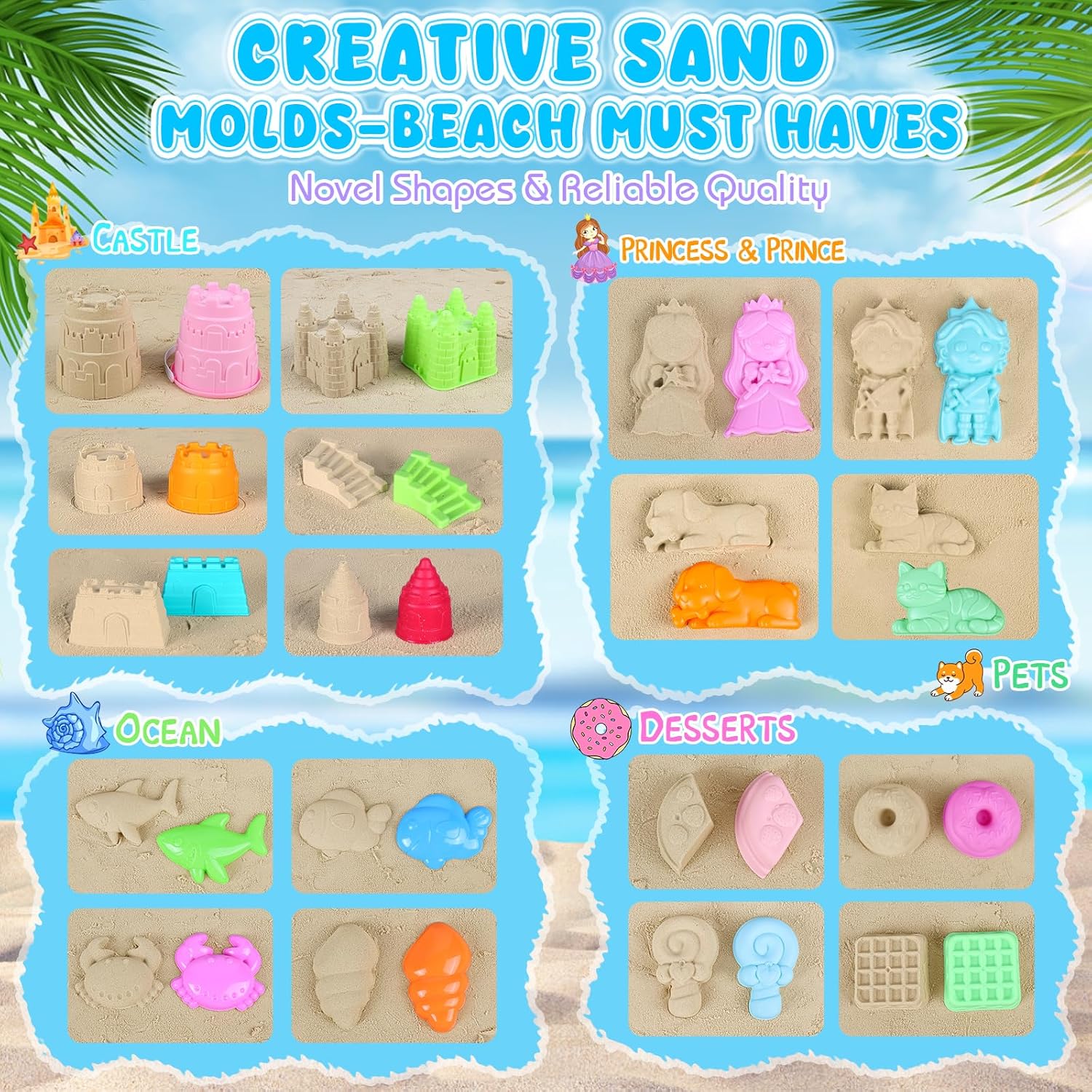 Beach Toys, Creative Sand Toys for Kids Boys and Girls, Sand Castle Building Kit with Stack Castle Buckets, Tools, Mesh Bags, Character Molds for Role Play, Outdoor Toys for Toddlers Kids Ages 3-10