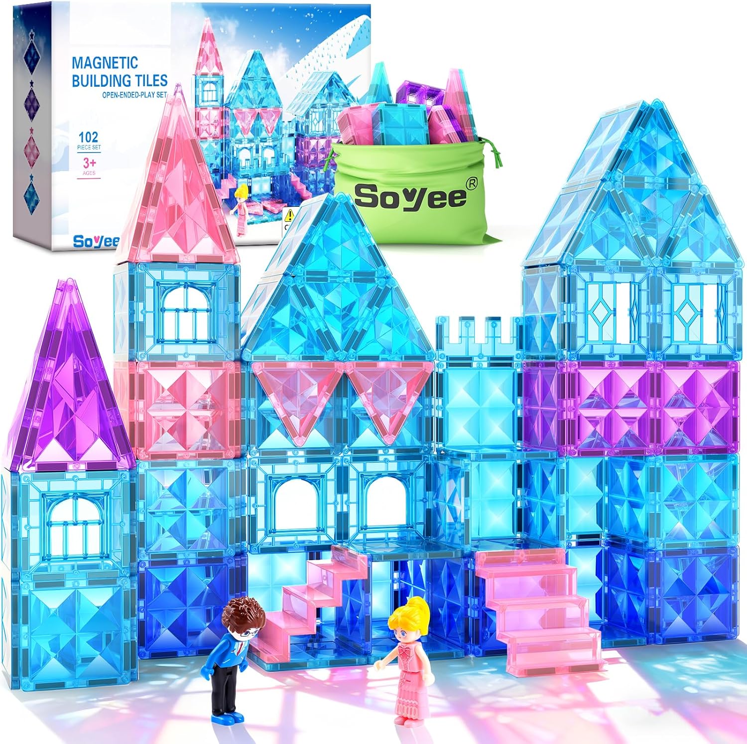 Magnetic Tiles 102pcs with 2 Stairs 2 Dolls Princess Castle Building Girls Toys Age 4-8 Magnetic Blocks Birthday Xmas Gifts for Girls Toys for 3, 8+ Year OldMagnetic Tiles 102pcs with 2 Stairs 2 Dolls Princess Castle Building Girls Toys