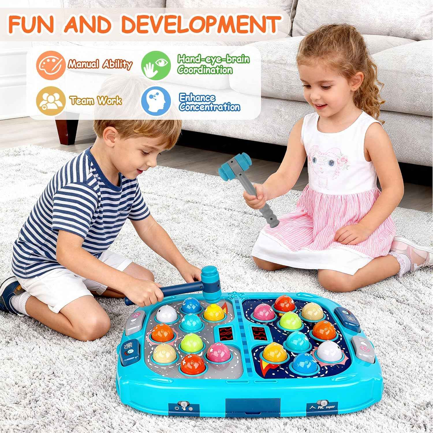 Whack Game Mole for Toddlers, Toys for 3-12 Year Old Boys and Girls, Pounding Game for Kids,Gifts for 3 4 5 6+ Year Old Boys, Interactive Educational Toy with Sound and Light,PK Mode with 2 Hammers