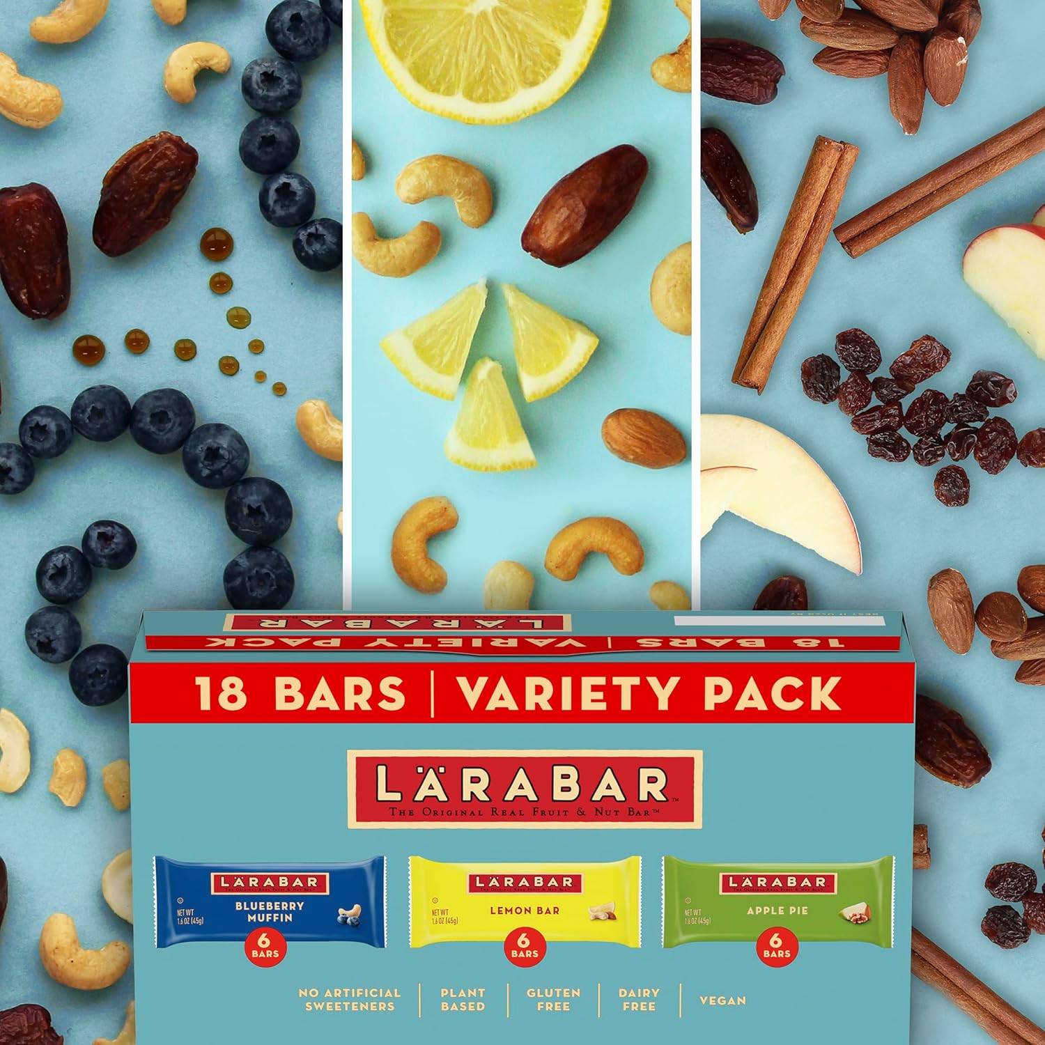 larabar fruit & nut bars 18 count variety pack, blueberry muffin lemon apple pie, vegan gluten free dairy free