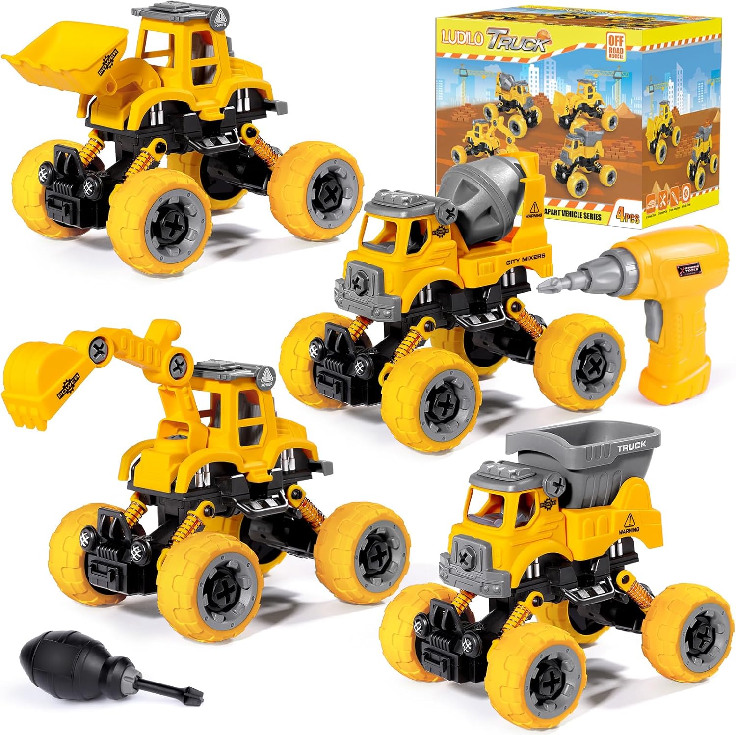 LUDILO Toys for 3 4 5 Year Old Boy Birthday Gift: 4PCS Take Apart Construction Truck Excavator Toy with Electric Drill, Kids Building Stem Learning Toy Gifts for 3 4 5 6 Year Old Boys Toys Age 4-6 3-5
