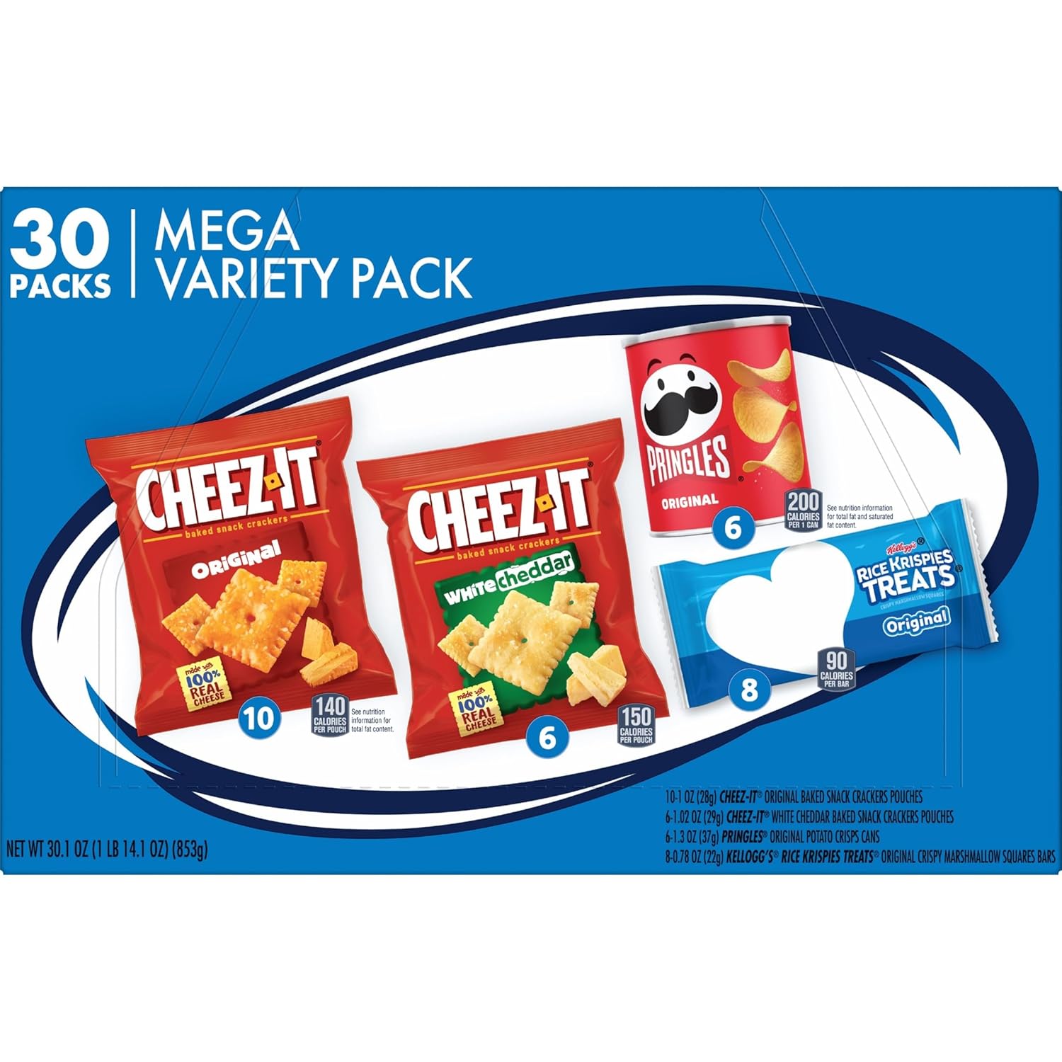 Kellogg's Cheez-It, Pringles & Rice Krispies Treats Snacks Mega Variety Pack, 30.1oz Box, 30 Count, Assorted Flavors
