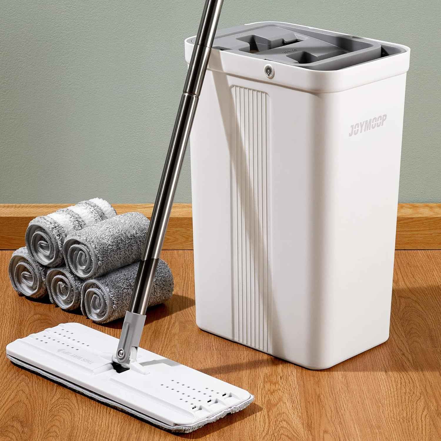 JOYMOOP Mop and Bucket Set with Wringer, Flat Mops for Floor Cleaning, Wall Mop Cleaner with Long Handle, Hardwood Floor Mop with 4 Microfiber Pads