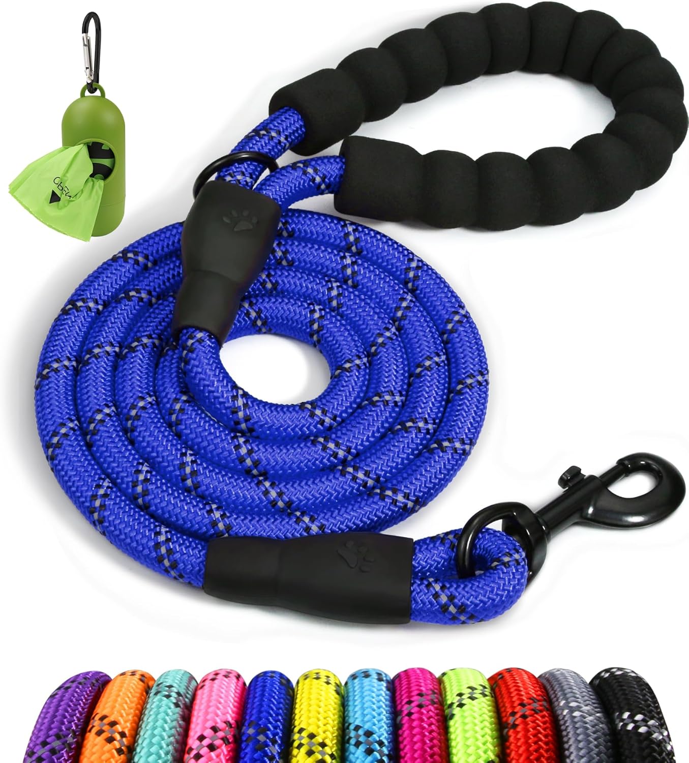 Taglory 6 FT Rope Dog Leash for Medium Large Dogs with Padded Handle, Reflective Threads, 1/2 inch, Black