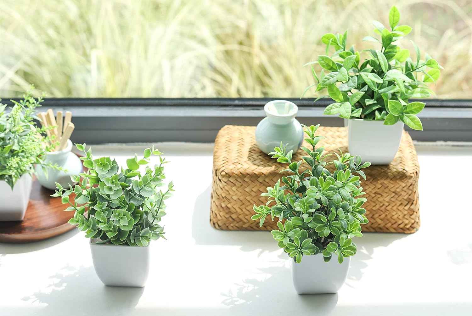 Der Rose 4 Pack Fake Plants Mini Artificial Greenery Potted Plants for Home Decor Indoor Office Table Room Farmhouse Bathroom Decor
