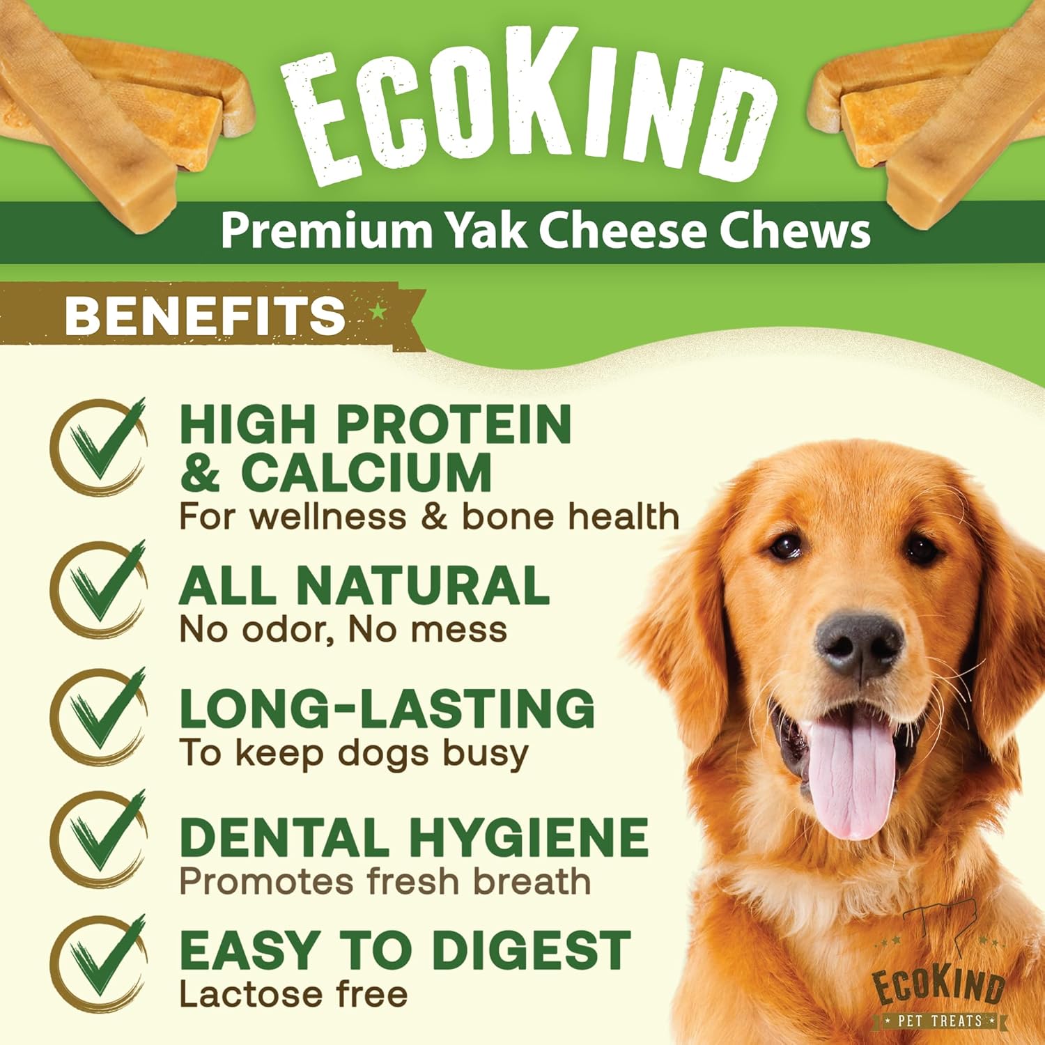 EcoKind Premium Gold Yak Cheese Himalayan Dog Chews for Large Breed, Aggressive Chewers, Natural, High Protein, 4 Chews (1 lb)