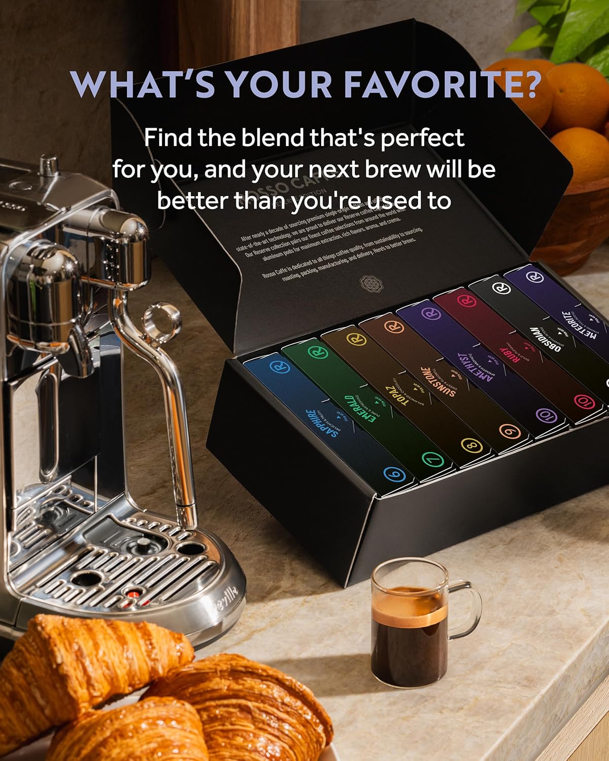 rosso caffè espresso coffee pods, 80 capsules, 8 signature flavors, made in italy, medium to dark roast