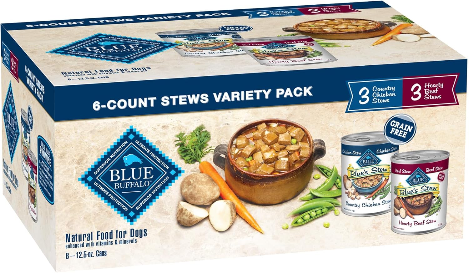 blue buffalo blue's stew grain-free wet dog food, hearty beef and country chicken variety pack, 12.5-oz cans, 6 count