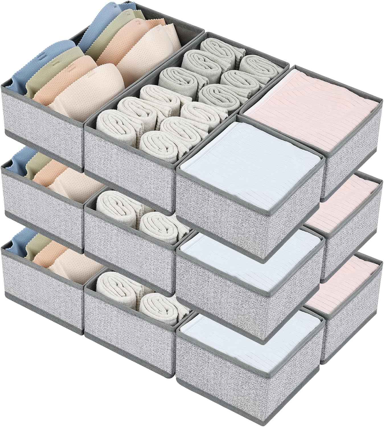 DIMJ Drawer Organizers Clothes, Set of 4 Dresser Organizer Bins, Fabric Closet Organizers and Storage, Shallow Drawer Dividers for Nursery, Clothing, Baby Clothes, Socks, Underwears, Tie (Beige)