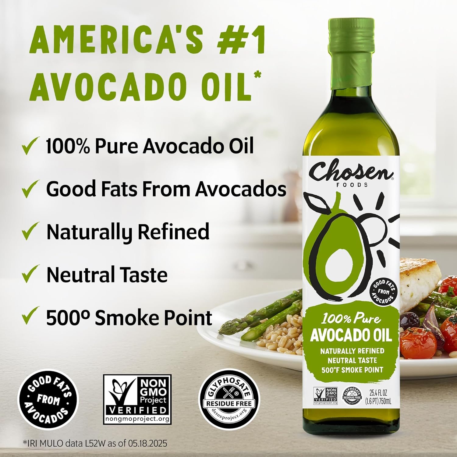 Chosen Foods 100% Pure Avocado Oil, 16.9 Fl Oz, All Purpose Cooking Oil, Non-GMO, Gluten-Free, Keto Friendly, Glyphosate Free