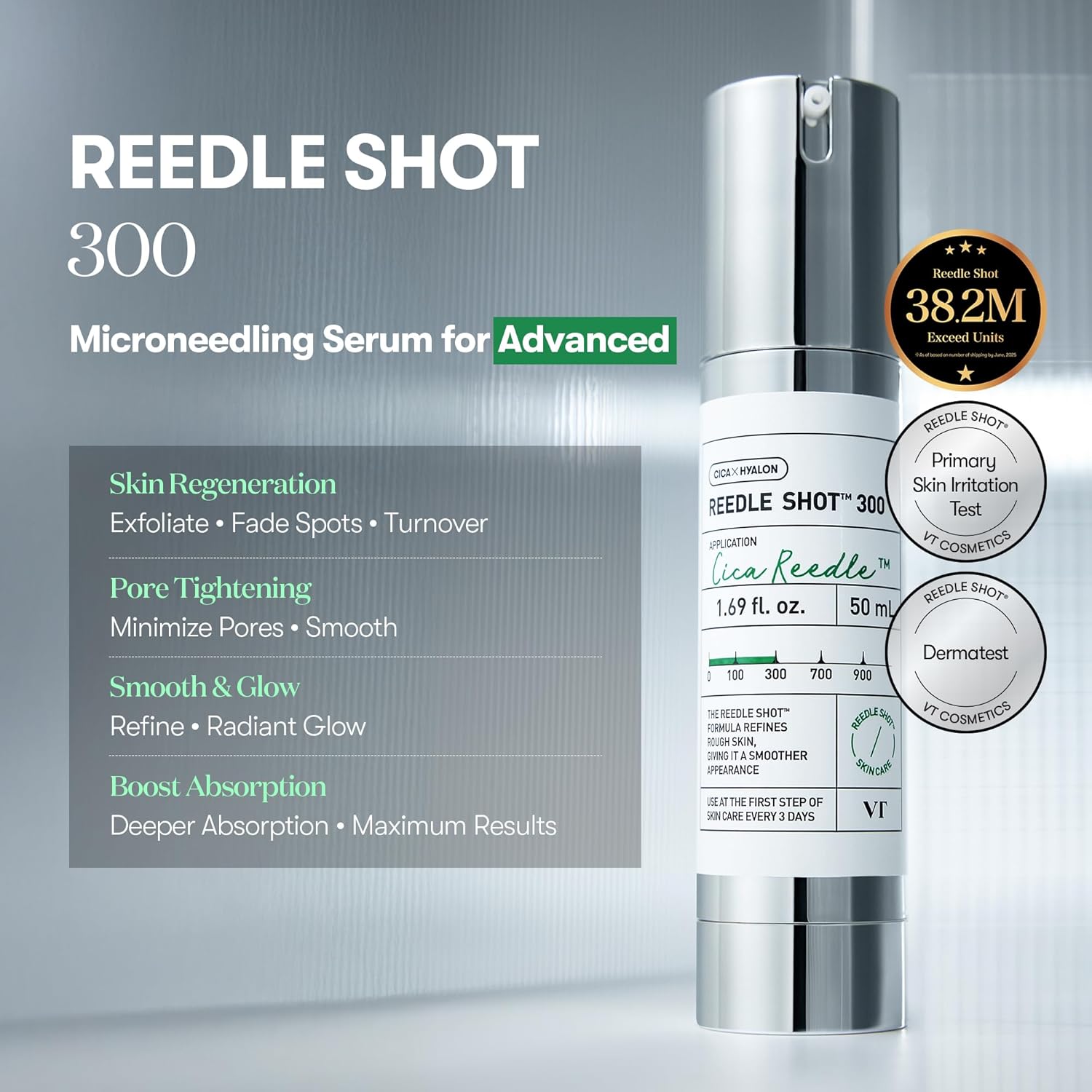 vt cosmetics cica reedle shot 300, 1.69fl oz, microneedling serum, korean skin booster with centella asiatica and hyaluronic acid