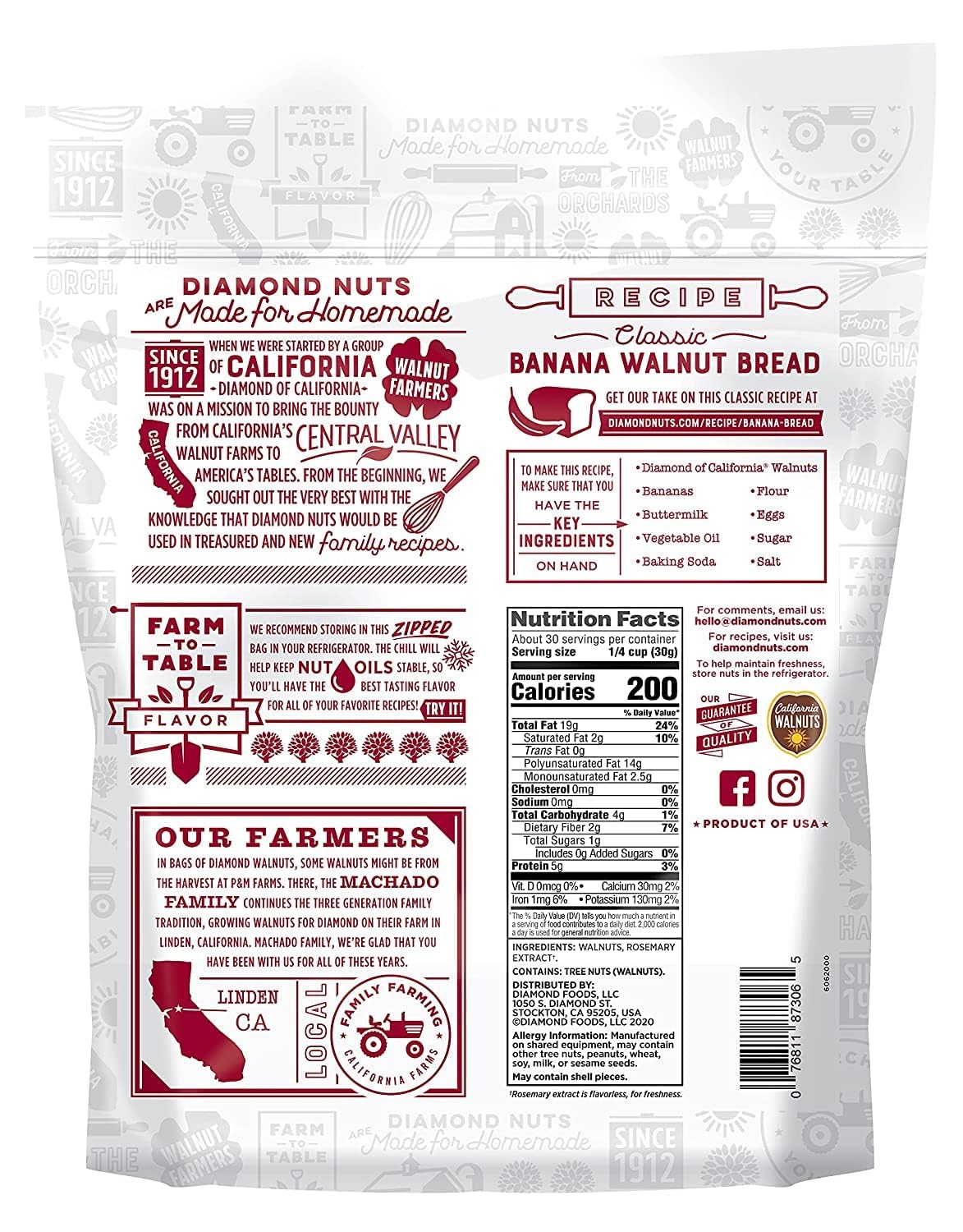 Diamond of California Shelled Walnut Halves and Pieces, pre-shelled raw walnuts for baking and snacking, 32 oz, unsalted and non-gmo