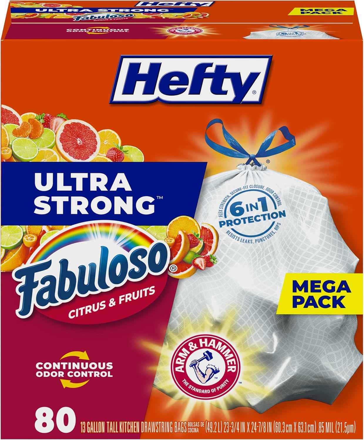 Hefty Ultra Strong 13 Gallon Trash Bags, Tall Kitchen Trash Bags 13 Gallon Size, White, Fabuloso Citrus & Fruits Scent, 80 Bags