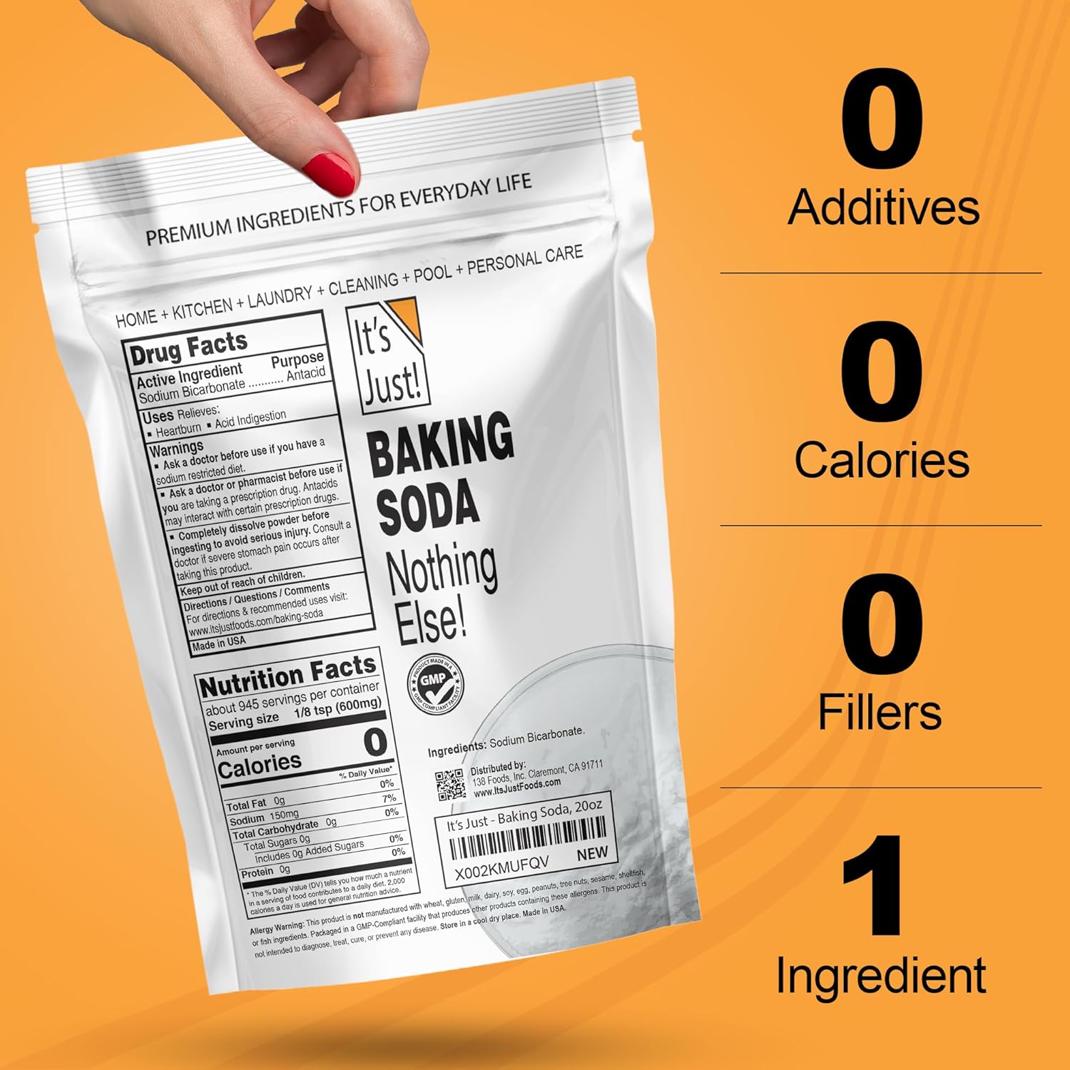 It's Just Pure Sodium Bicarbonate Baking Soda, 100% Food Grade, Non-GMO, Made in USA, 1.25 Pound