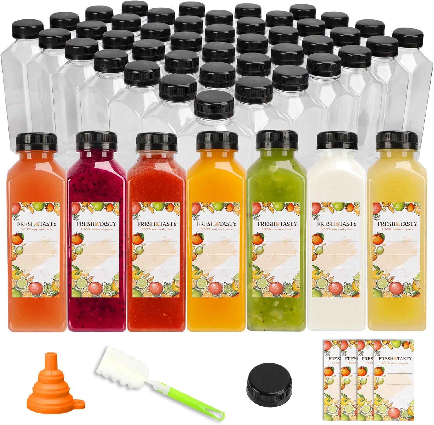TOMNK 100pcs 16oz Plastic Beverage Containers, Black Caps with Label, Funnel and Brush for Juicing, Smoothies, Tea, Milk
