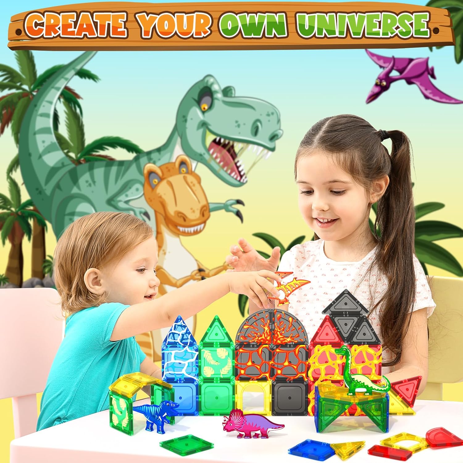 Coodoo Dinosaur Toys Magnetic Tiles Lava Dinosaur World Set - Magnetic Blocks Building for Kids 3-5 5-7 Girls Boys Toy Age 4-6 6-8, Classroom Must Haves Toddler Sensory for 3+ Year Old Kids Toys