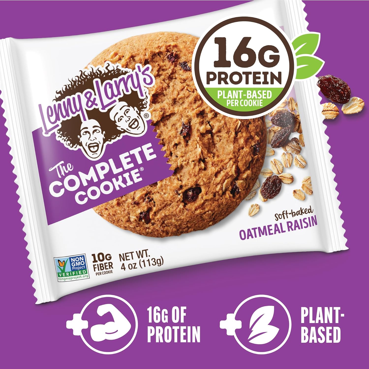 Lenny & Larry's Complete Protein Oatmeal Raisin Cookies, 16g Plant Protein, Vegan, Non-GMO, High Fiber, 4 Ounce, Pack of 12