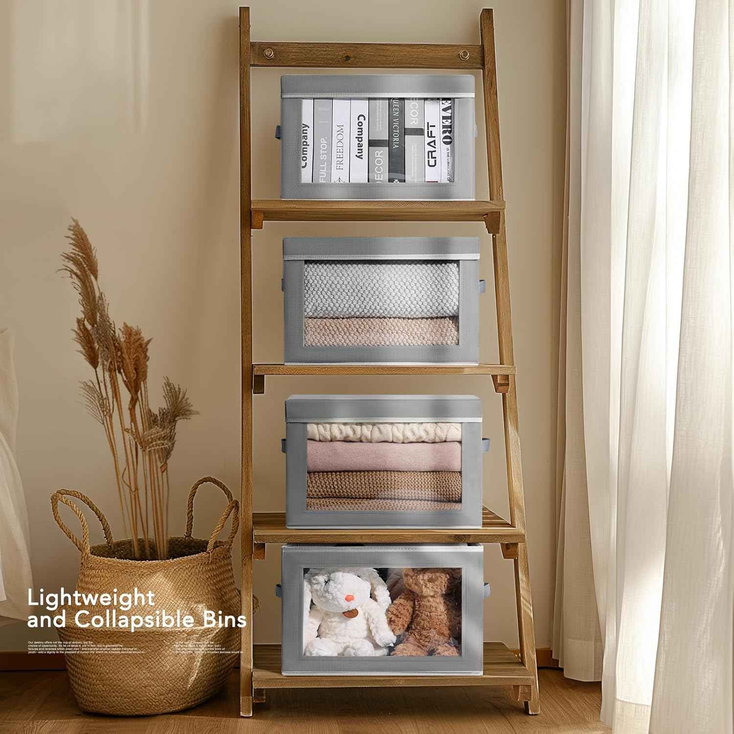 Storage Bins with Lids - Fabric Closet Storage Bins with Window, Collapsible Baskets for Shelves 4 Pack, Home Decorative Boxes for Clothes, Closet, Office, Grey