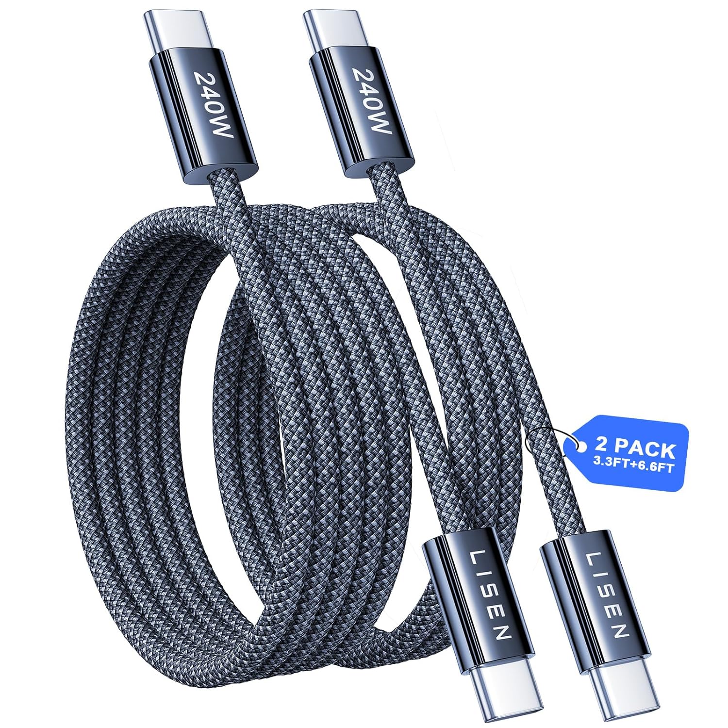 Lisen 6.6ft 2-pack 240W USB-C to USB-C cable fast charging for iPhone 17, 16, 15 Pro Max, iPad, MacBook, Samsung S26, S25 Ultra