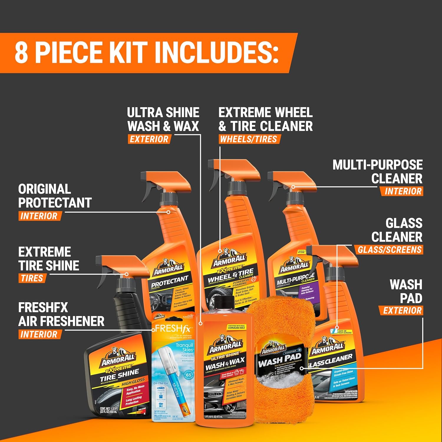 armor all premier car care kit, 8-piece kit, includes car wax, wash kit, glass cleaner, and tire cleaner