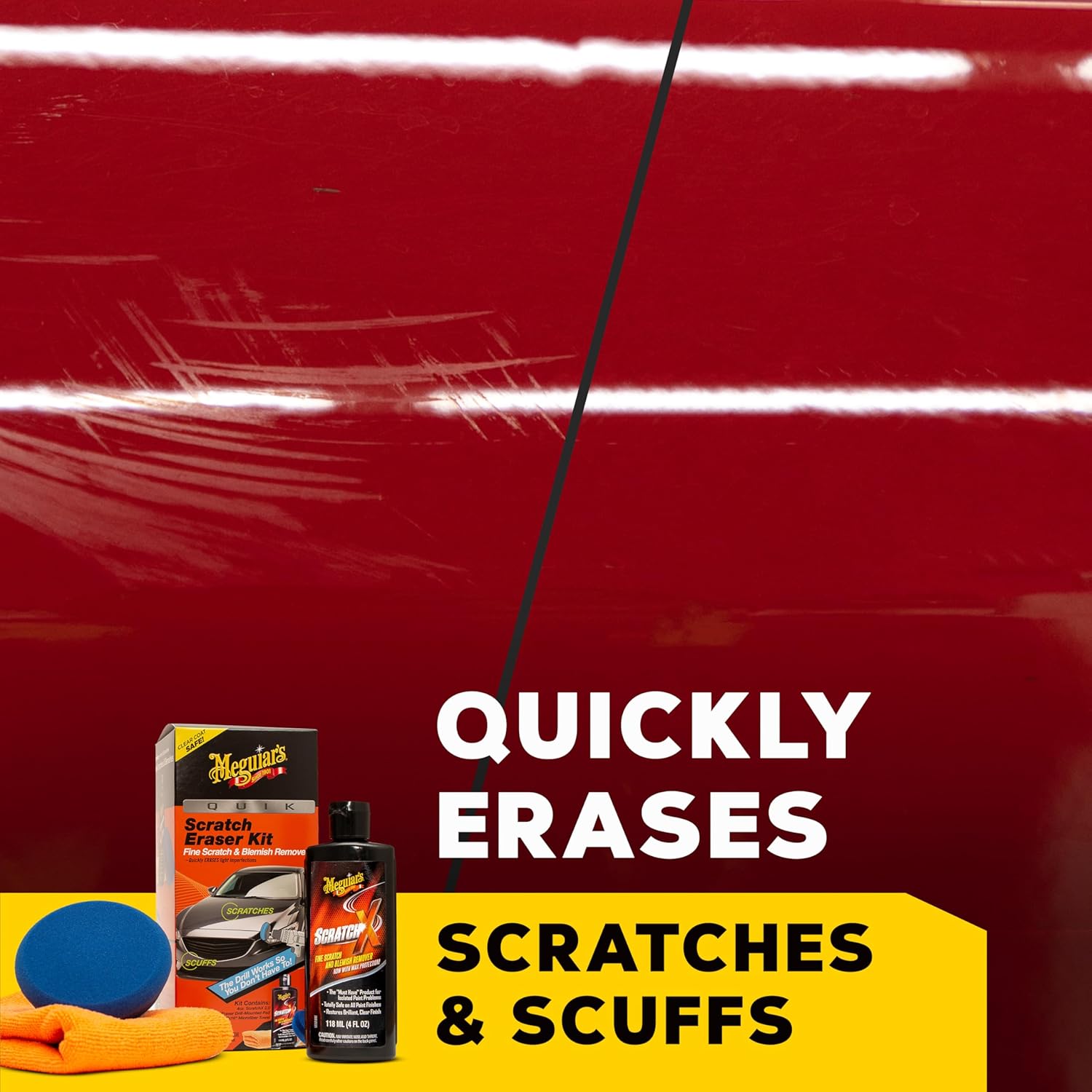 Meguiar's Quik Scratch Eraser Kit for car surface blemishes, includes ScratchX and microfiber towel