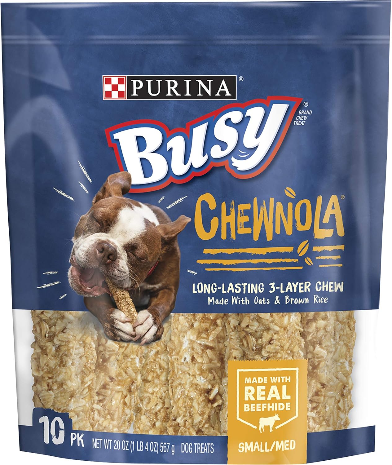 Purina Busy Rawhide dog bones for small/medium breeds, 10-count 20 oz. pouch with oats & brown rice