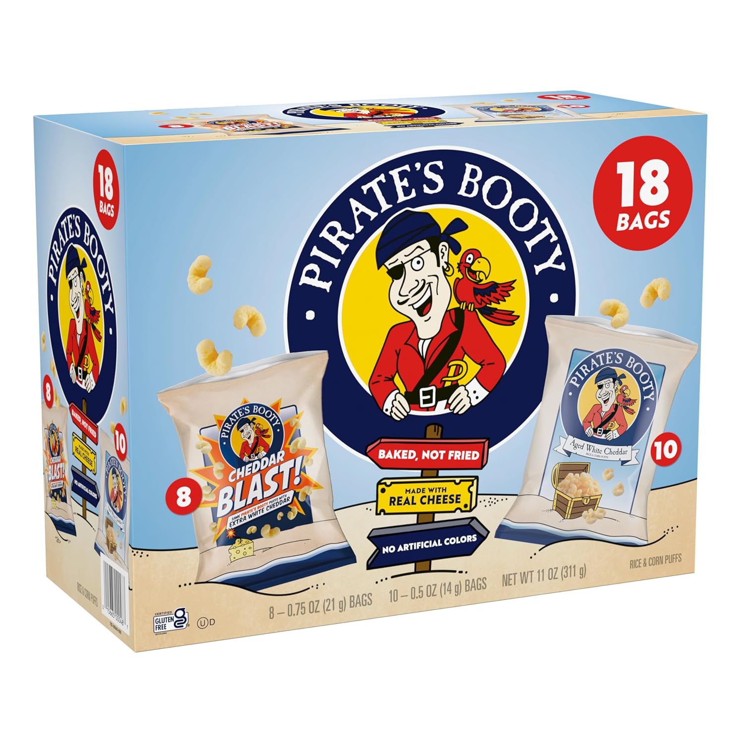 Pirate's Booty Aged White Cheddar and Cheddar Blast Cheese Puffs Variety Pack, 18-count, 0.5oz and 0.75oz bags, gluten-free kids snacks